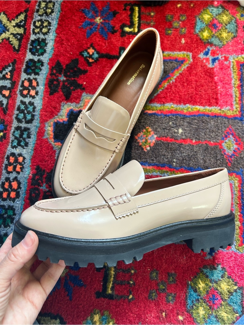 Reformation Beige Patent Lug Sole Loafers